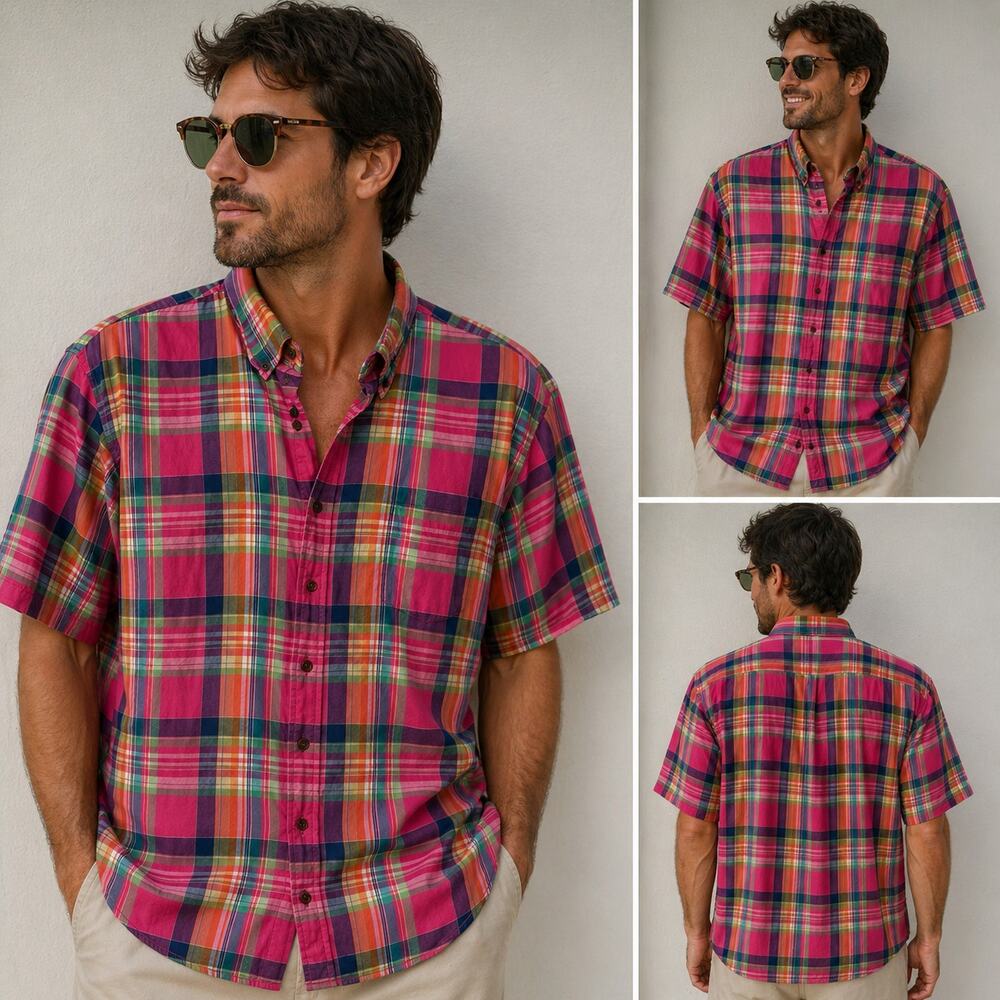 Lands' End Men's Sz 18 Traditional Fit Short Sleeve Madras